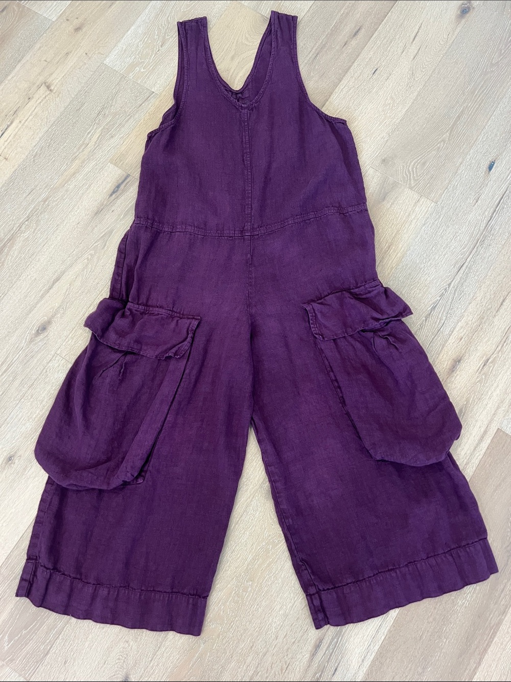 Grizas Deep Purple Wide-Leg Linen Jumpsuit with Cargo Pockets